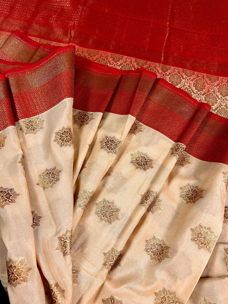 Beige with Red combination Traditional Banarasi Silk Saree with Copper Zari Weave - Kaash