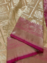 Biscuit with Pink Pallu Banarasi saree in banarasi silk with floral buttas with red borders & hot pink pallu — Kaash Collection