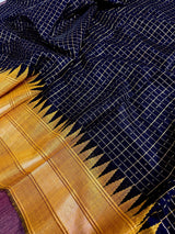 Black and Mustard Yellow Pure Raw Silk Saree with Temple Borders with Checks - Kaash