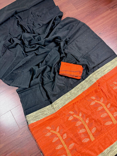 Black and Orange Color Handloom Saree with tiny Sequin Work and Thread Work - Kaash