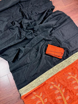 Black and Orange Color Handloom Saree with tiny Sequin Work and Thread Work - Kaash