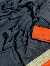 Black and Orange Color Handloom Saree with tiny Sequin Work and Thread Work - Kaash