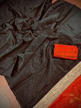 Black and Orange Color Handloom Saree with tiny Sequin Work and Thread Work - Kaash