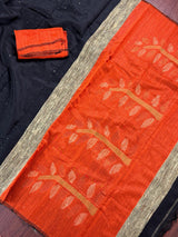 Black and Orange Color Handloom Saree with tiny Sequin Work and Thread Work - Kaash