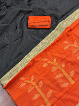 Black and Orange Color Handloom Saree with tiny Sequin Work and Thread Work - Kaash