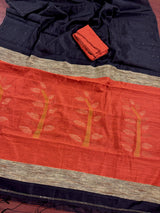 Black and Orange Color Handloom Saree with tiny Sequin Work and Thread Work - Kaash