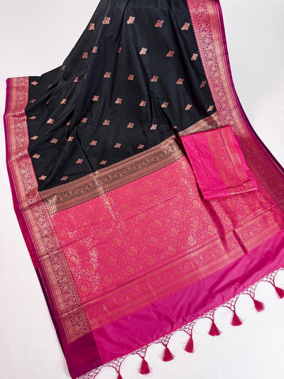 Black and Pink Semi Katan Banarasi Silk Saree with Coppre Zari Weave - Kaash