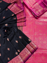 Black & Pink Banarasi saree in pure banarasi semi katan silk with copper zari weave with floral pattern — Kaash Collection