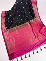 Black & Pink Banarasi saree in pure banarasi semi katan silk with copper zari weave with floral pattern — Kaash Collection