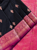 Black & Pink Banarasi saree in pure banarasi semi katan silk with copper zari weave with floral pattern — Kaash Collection