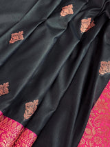 Black & Pink Banarasi saree in pure banarasi semi katan silk with copper zari weave with floral pattern — Kaash Collection