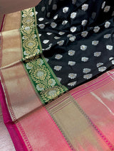 Black & Pink with Green Paithani Banarasi saree in banarasi silk with silver buttas with green paithani border — Kaash Collection