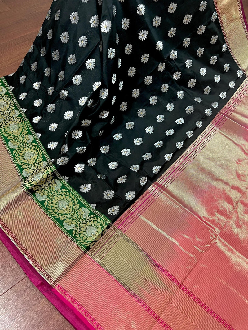 Black & Pink with Green Paithani Banarasi saree in banarasi silk with silver buttas with green paithani border — Kaash Collection