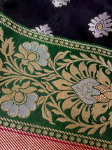 Black & Pink with Green Paithani Banarasi saree in banarasi silk with silver buttas with green paithani border — Kaash Collection