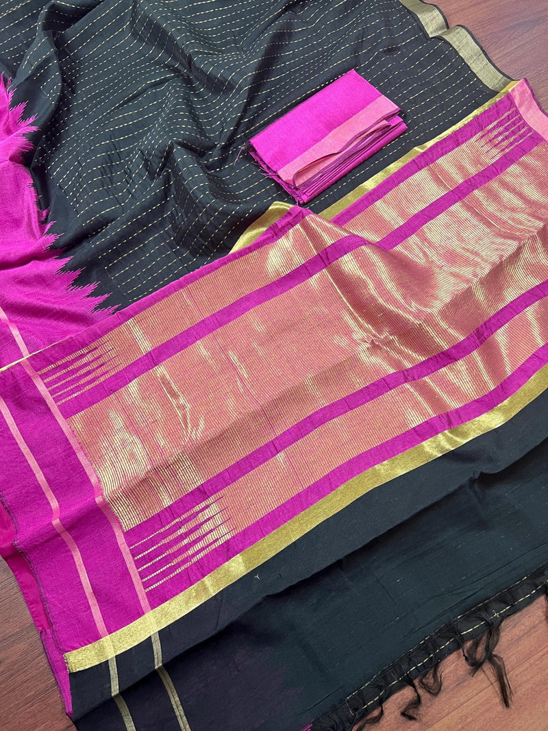 Black and Purple Pure Tussar Silk Saree with Ranidrop zari weave - Kaash