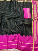 Black and Purple Pure Tussar Silk Saree with Ranidrop zari weave - Kaash