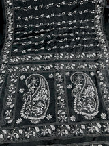Black with White Kantha hand Kantha stitch saree on Bangalori silk — Kaash Collection
