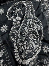 Black with White Kantha hand Kantha stitch saree on Bangalori silk — Kaash Collection