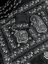 Black with White Kantha hand Kantha stitch saree on Bangalori silk — Kaash Collection