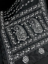 Black with White Kantha hand Kantha stitch saree on Bangalori silk — Kaash Collection