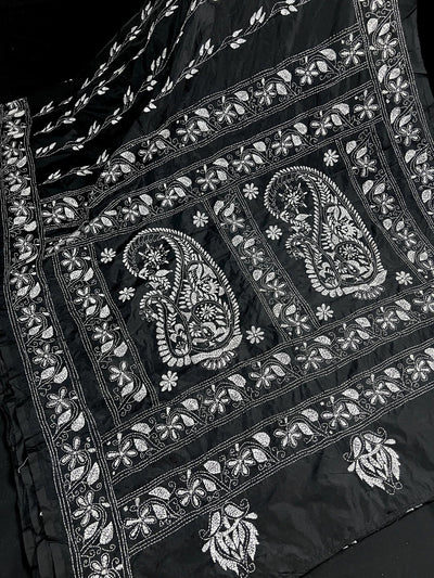 Black and White Color Bangalori Silk Saree with Handwoven Kantha Stitch Work - Kaash