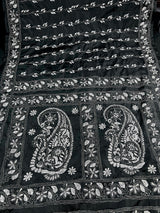 Black and White Color Bangalori Silk Saree with Handwoven Kantha Stitch Work | | Kantha Saree | Silk Sarees | Bengal Saree | Black Sari - Kaash