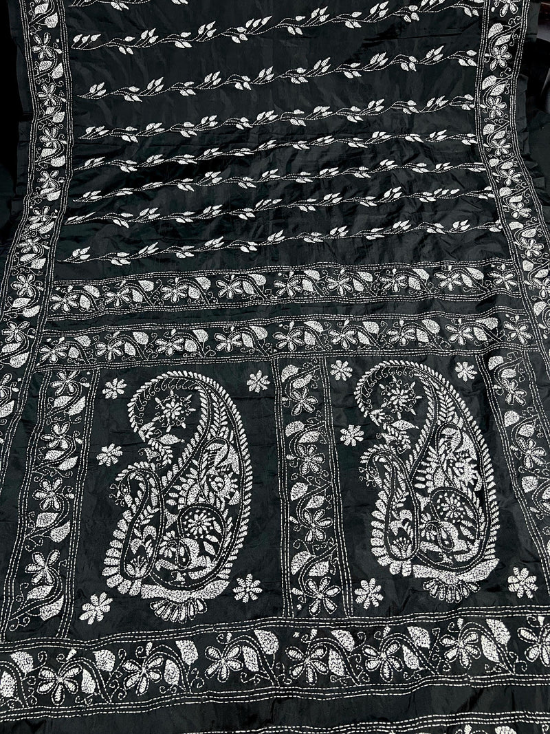 Black and White Color Bangalori Silk Saree with Handwoven Kantha Stitch Work | | Kantha Saree | Silk Sarees | Bengal Saree | Black Sari - Kaash