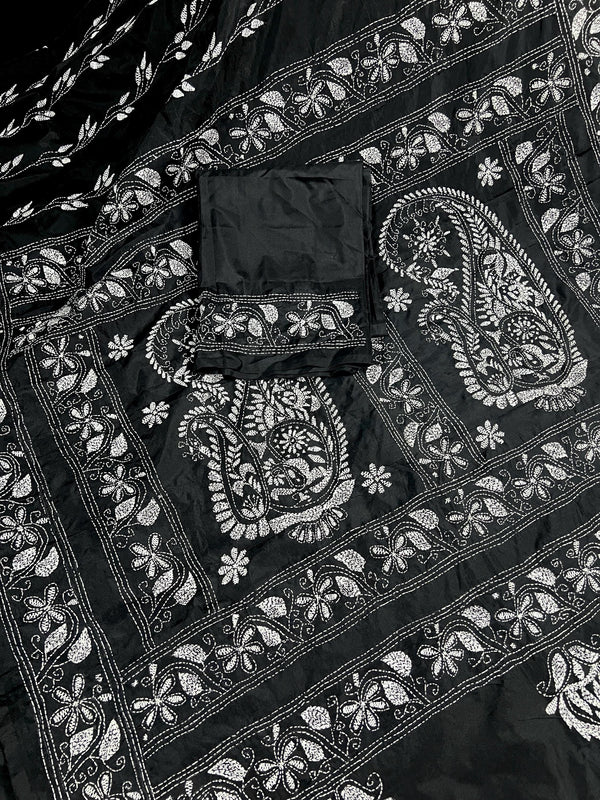 Black and White Color Bangalori Silk Saree with Handwoven Kantha Stitch Work | | Kantha Saree | Silk Sarees | Bengal Saree | Black Sari - Kaash