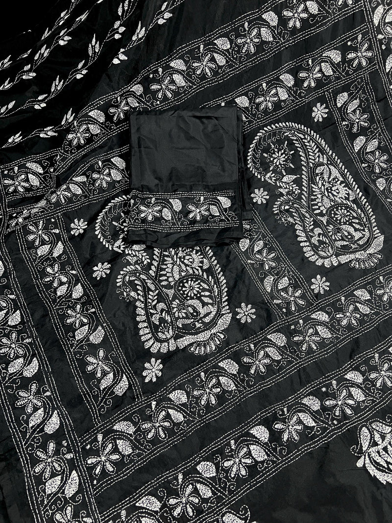Black and White Color Bangalori Silk Saree with Handwoven Kantha Stitch Work | | Kantha Saree | Silk Sarees | Bengal Saree | Black Sari - Kaash