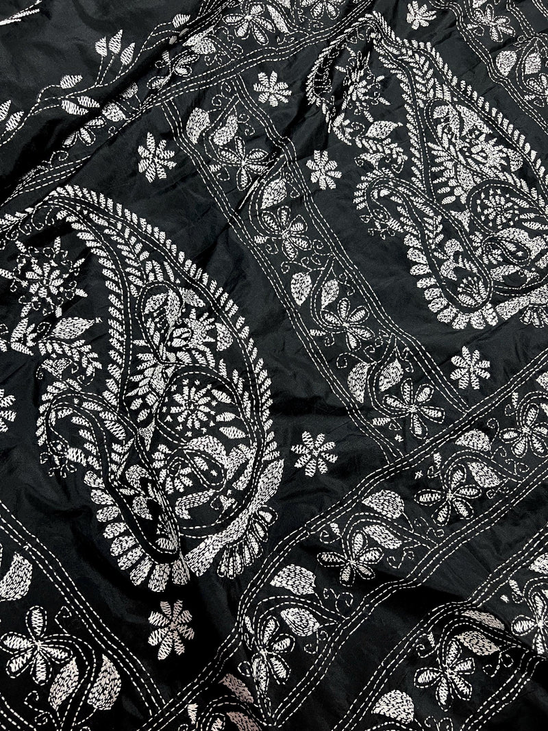 Black and White Color Bangalori Silk Saree with Handwoven Kantha Stitch Work | | Kantha Saree | Silk Sarees | Bengal Saree | Black Sari - Kaash