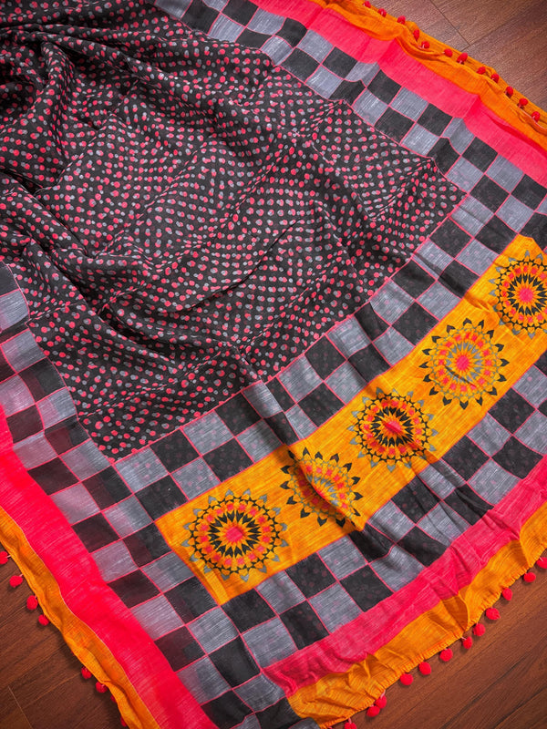 Black and Yellow Color Saree with Checks and Multi-color Print design Cotton Silk Saree with Pompoms | Light Weight Printed Saree - Kaash