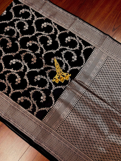 Black Banarasi Mashru Silk Saree with Jaasl Weave | Muted Gold Zari Weave, Handloom Craftsmanship - Kaash