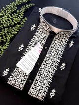 Black men's kurta pajama in pure cotton (100%) with embroidery with tiny sequins — Kaash Collection