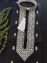 Black men's kurta pajama in pure cotton (100%) with embroidery with tiny sequins — Kaash Collection