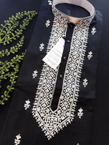 Black men's kurta pajama in pure cotton (100%) with embroidery with tiny sequins — Kaash Collection