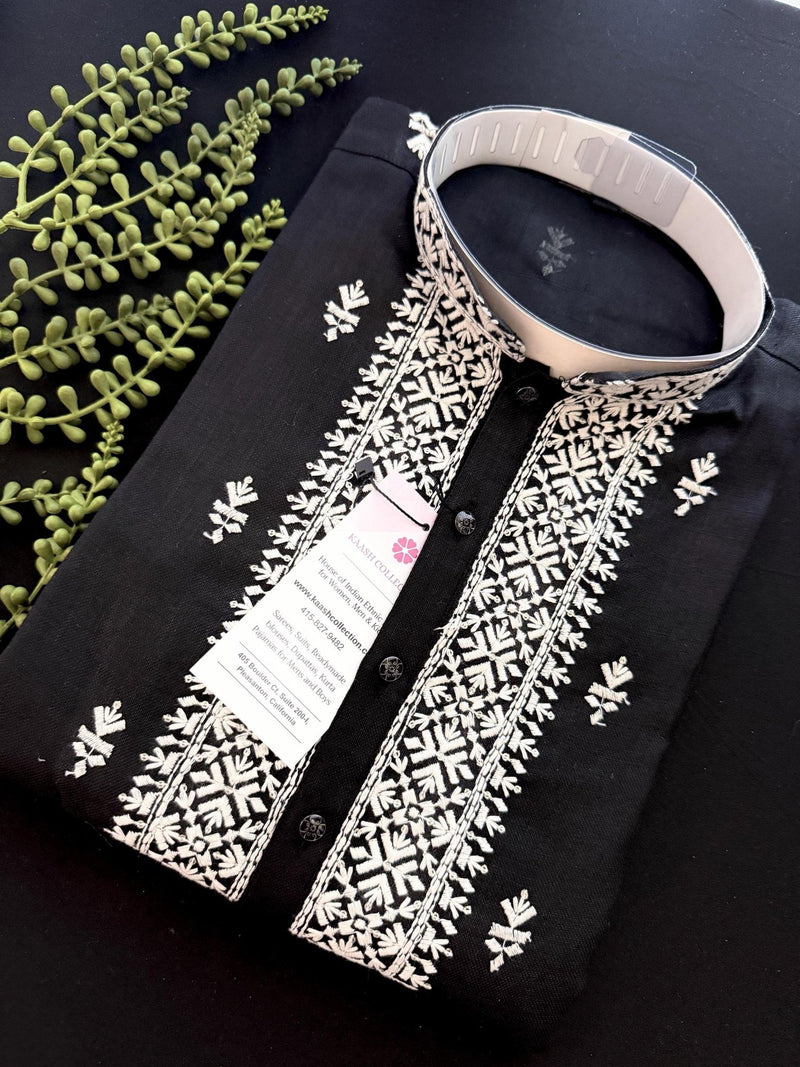 Black men's kurta pajama in pure cotton (100%) with embroidery with tiny sequins — Kaash Collection