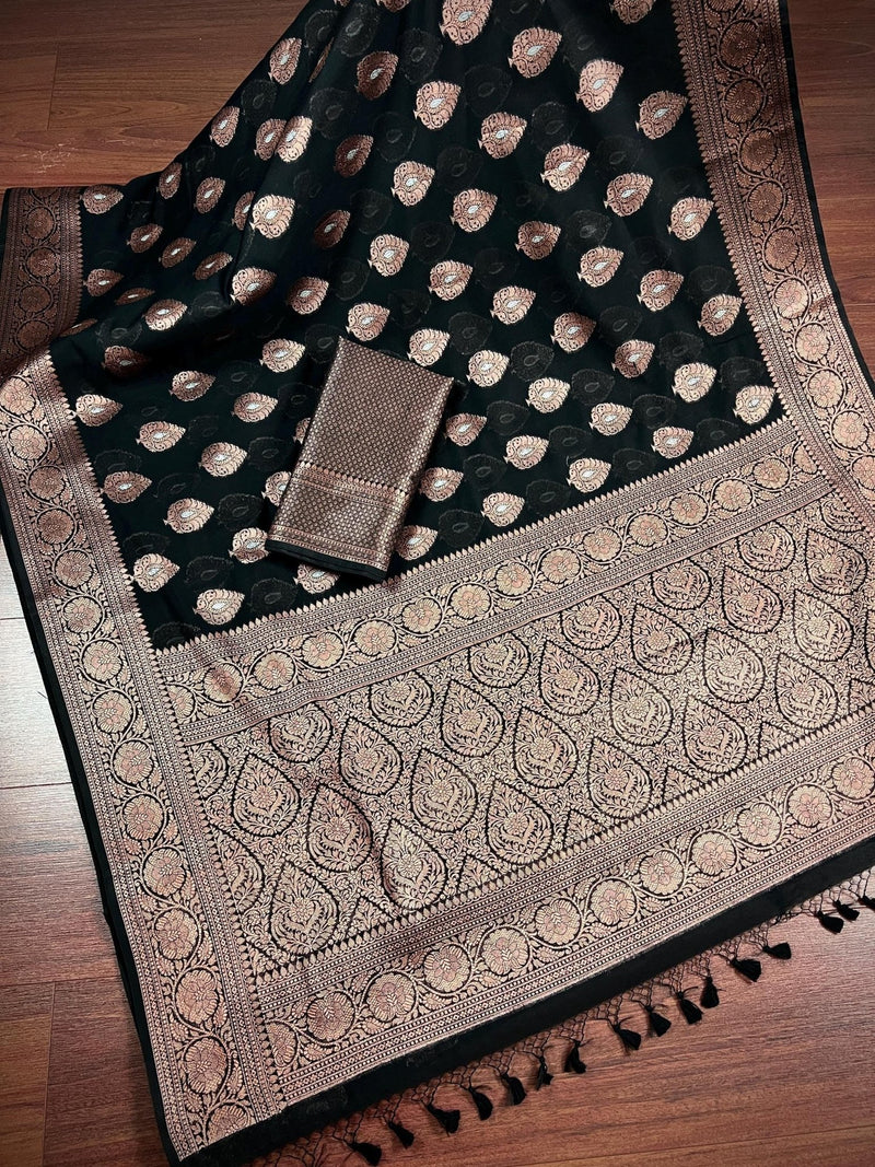 Black Cotton Silk Banarasi saree in banarasi cotton silk with antique zari weaving — Kaash Collection