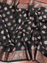 Black Cotton Silk Banarasi saree in banarasi cotton silk with antique zari weaving — Kaash Collection