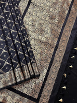 Black Color Banarasi Handloom Semi Soft Silk Saree - Antique Gold Zari Weave - Banarasi Sarees - Kaash