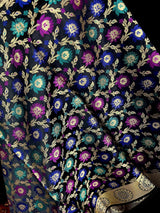 Black Semi Banarasi Floral Meenakari dupatta in semi banarasi soft silk with floral jaal with meenakari & muted gold zari — Kaash Collection