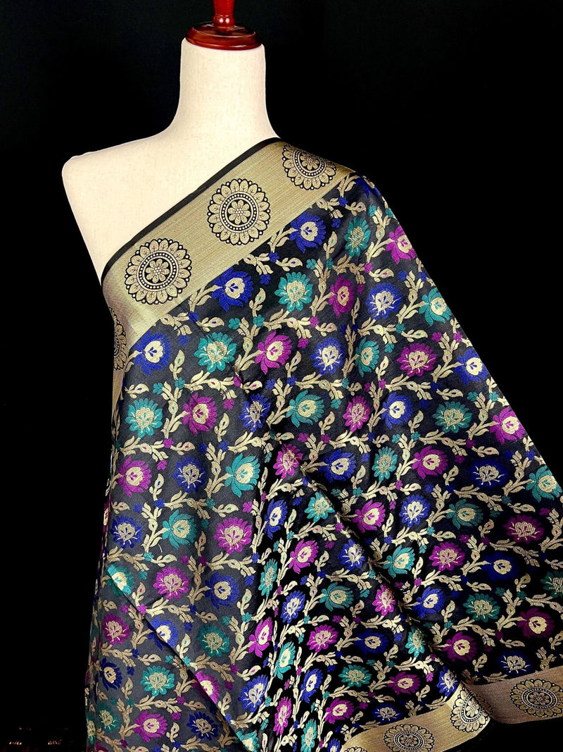 Black Semi Banarasi Floral Meenakari dupatta in semi banarasi soft silk with floral jaal with meenakari & muted gold zari — Kaash Collection