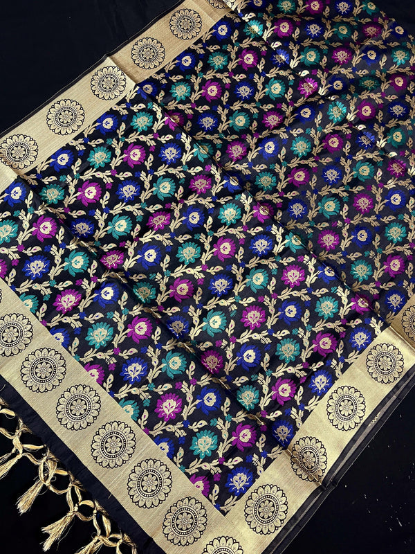 Black Color Banarasi Silk Dupatta - Floral Jaal with Meenakari - Muted Gold Zari Weaving Dupatta - Dupatta for Gift - Dupatta for Lehenga - Kaash