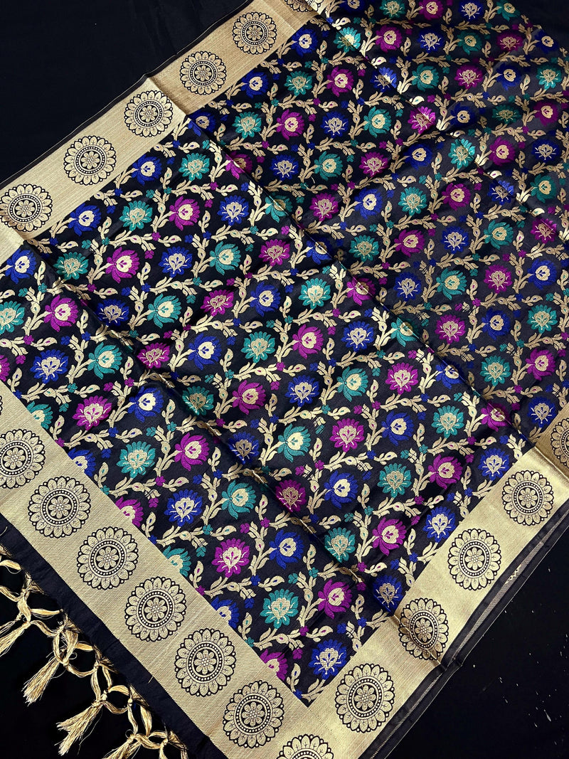 Black Color Banarasi Silk Dupatta - Floral Jaal with Meenakari - Muted Gold Zari Weaving Dupatta - Dupatta for Gift - Dupatta for Lehenga - Kaash
