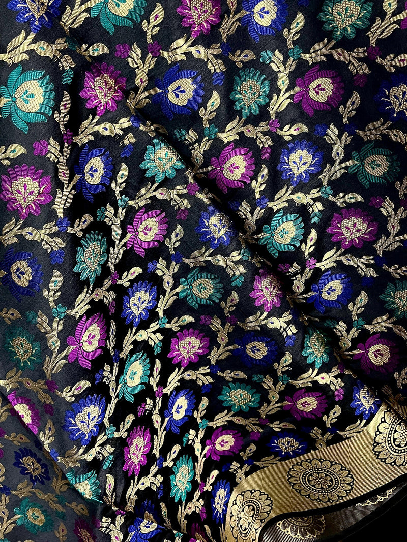 Black Color Banarasi Silk Dupatta - Floral Jaal with Meenakari - Muted Gold Zari Weaving Dupatta - Dupatta for Gift - Dupatta for Lehenga - Kaash