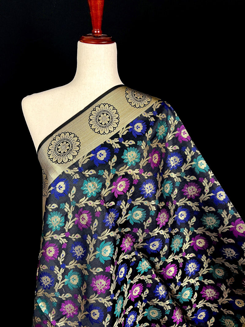 Black Color Banarasi Silk Dupatta - Floral Jaal with Meenakari - Muted Gold Zari Weaving Dupatta - Dupatta for Gift - Dupatta for Lehenga - Kaash