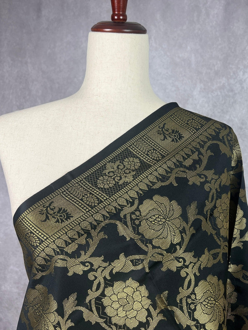 Black Banarasi Floral Designer dupatta in banarasi silk (non-pure) with floral jaal designer with muted gold zari — Kaash Collection