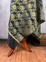 Black Banarasi Floral Designer dupatta in banarasi silk (non-pure) with floral jaal designer with muted gold zari — Kaash Collection