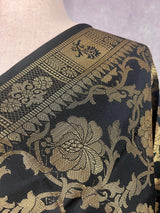 Black Banarasi Floral Designer dupatta in banarasi silk (non-pure) with floral jaal designer with muted gold zari — Kaash Collection