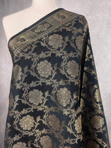 Black Banarasi Floral Designer dupatta in banarasi silk (non-pure) with floral jaal designer with muted gold zari — Kaash Collection