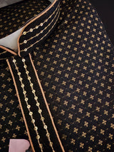 Black men's kurta pajama in banarasi silk with gold zari weaving with floral buttas — Kaash Collection
